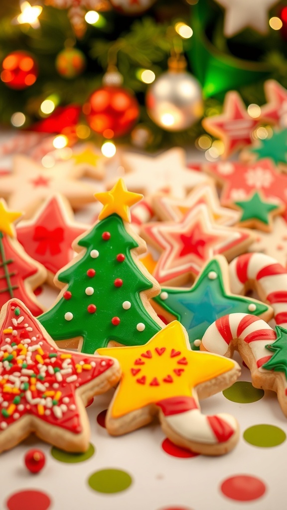 Christmas Cookie Decorating for Kids A variety of decorated Christmas cookies on a festive table with holiday decorations.